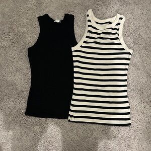 Kids Black Ribbed Tank Top and Black & White Striped Tank Set